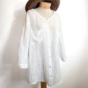 EILEEN FISHER White Sheer Linen Gauze Button Front Top w/ Pockets Size Large EUC